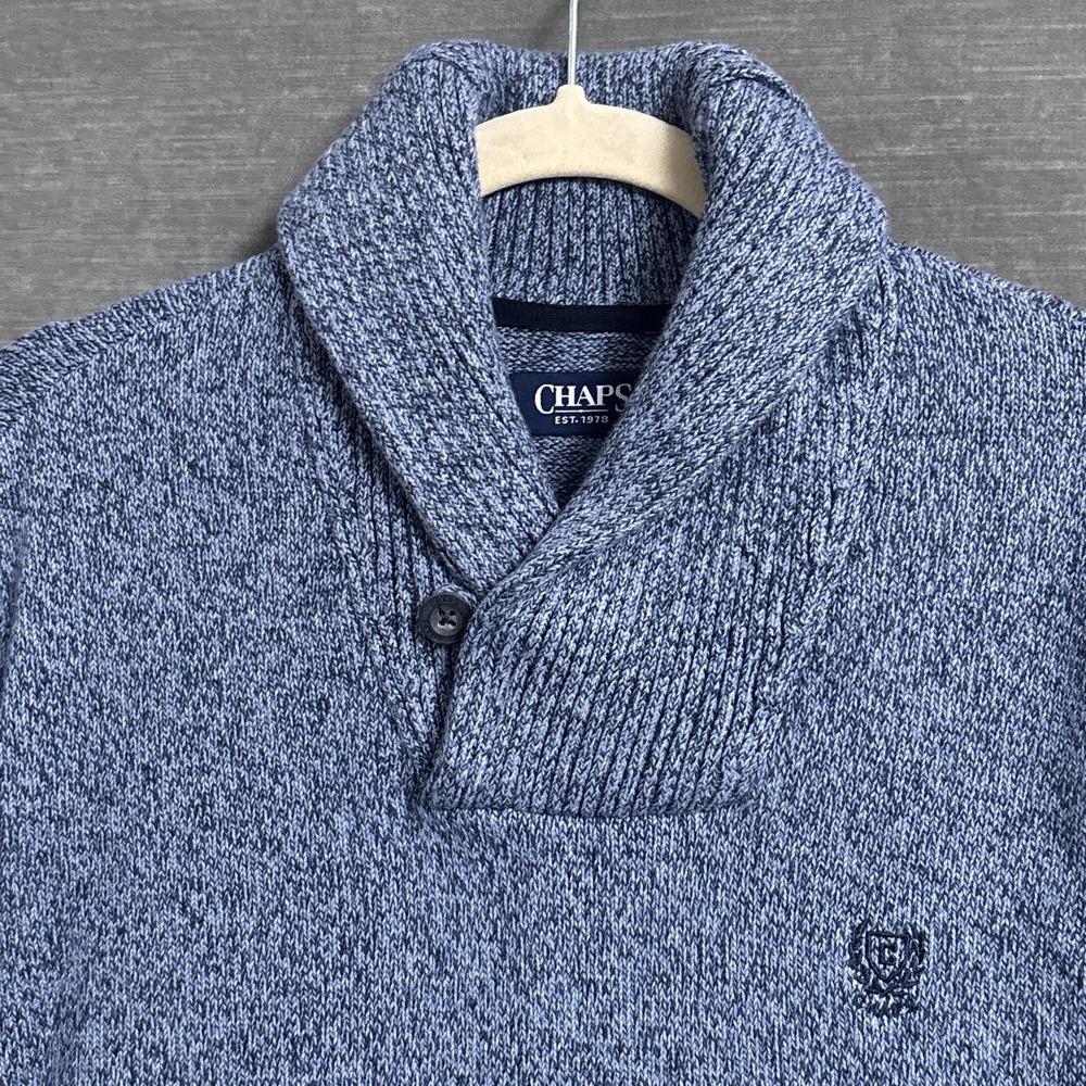 Chaps Sweater Mens XL Blue Shawl Collar Button Pullover Cotton Knit Logo Classic